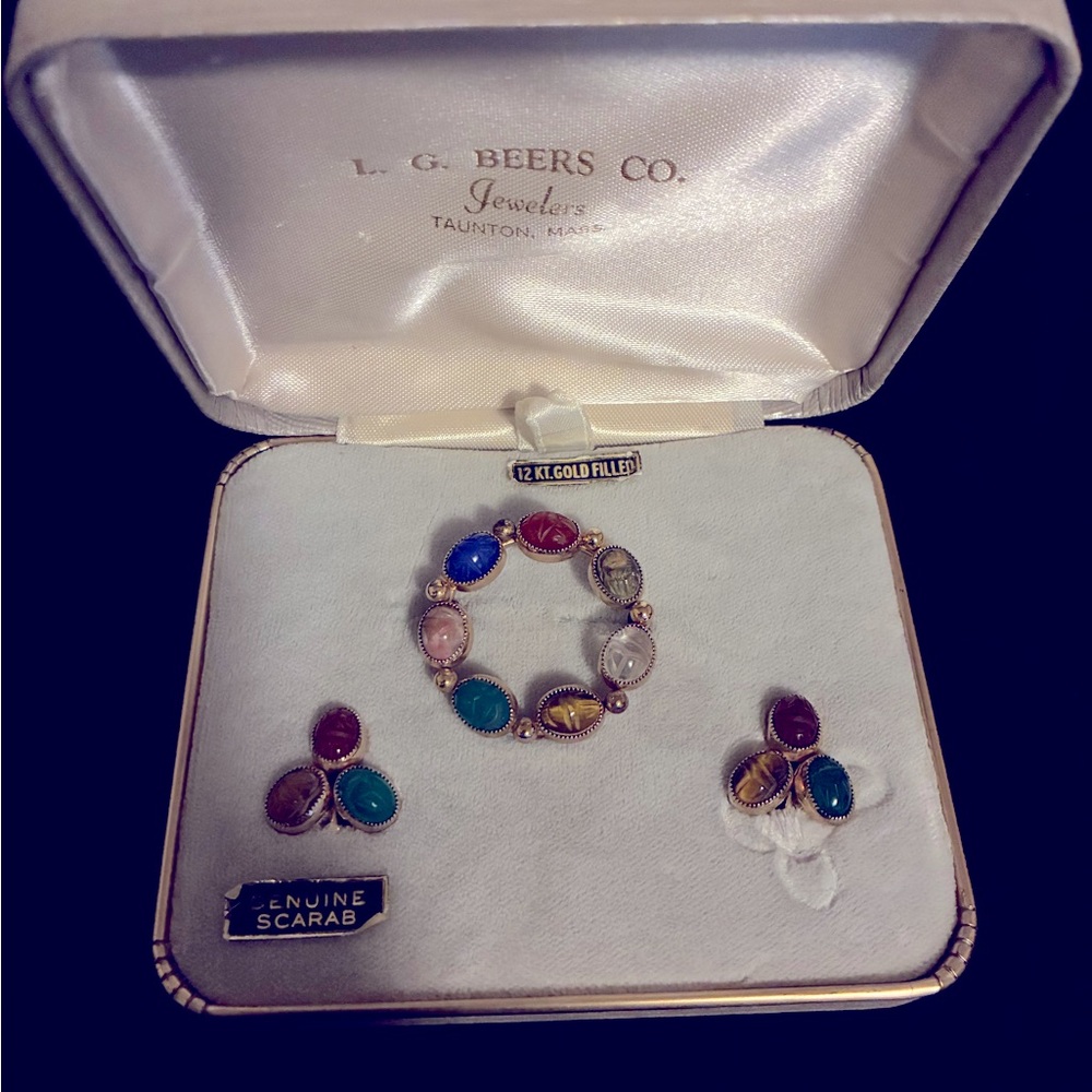 Vtg L.G. Beers Co. Genuine Stone Scarabs 12k Gold-Filled Brooch Earrings Set